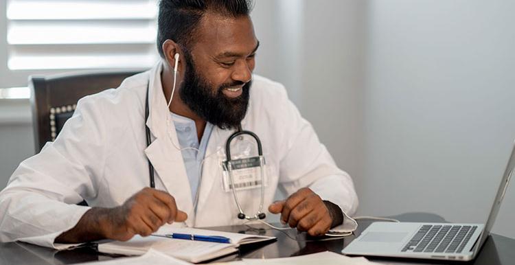 Hospital doctor having an online consultation